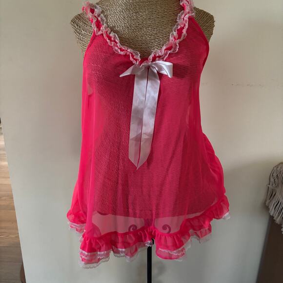 Victoria’s Secret Sheer Pink Babydoll Lingerie Top | S | Y2K Ruffle Ribbon Bow - Picture 2 of 6